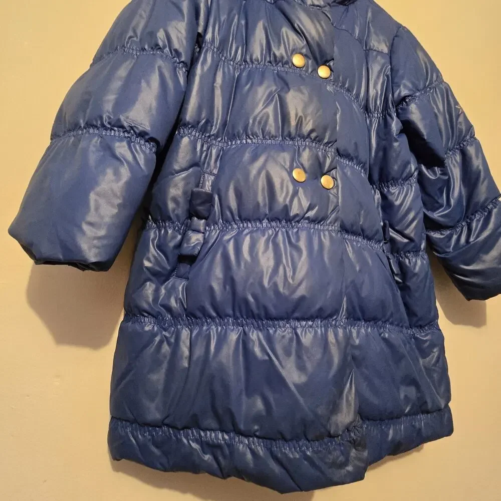 Hanna Andersson Down Long‎ Hooded Coat Girls Sz 140 9-10 Blue Fauz Fur Edge Warm
